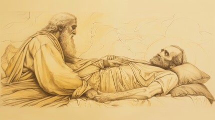 Biblical Illustration of the Parable of the Rich Man and His Manager: Shrewd Manager Securing Future, Beige Background, Copyspace