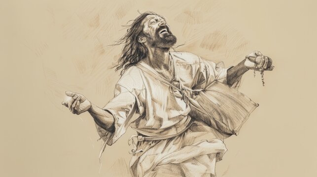 Biblical Illustration of the Parable of the Hidden Treasure: Man Joyfully Selling All to Buy Field, Beige Background, Copyspace