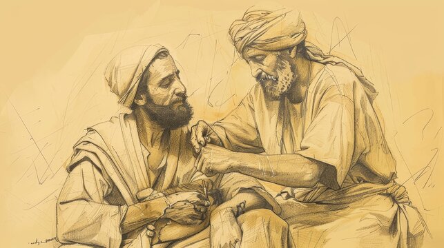 Biblical Illustration of the Parable of the Good Samaritan: Samaritan Caring for Injured Man, Beige Background, Copyspace