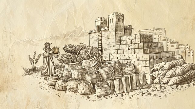 Biblical Illustration of the Parable of the Rich Fool, Building Bigger Barns on Beige Background with Copyspace