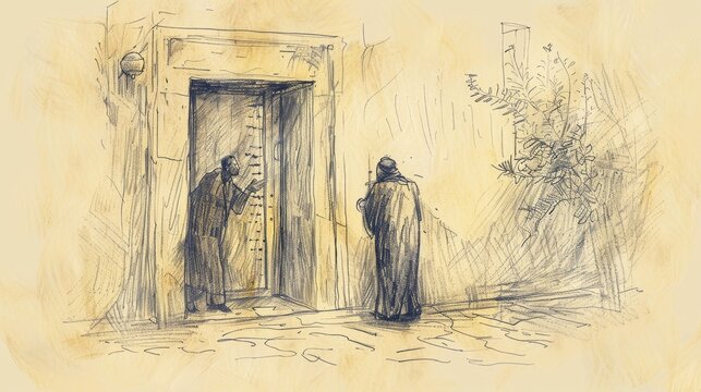 The Parable of the Persistent Friend: Man Persistently Knocking on Friend&rsquo;s Door, Biblical Illustration, Beige Background, Copyspace for Inspirational Messages