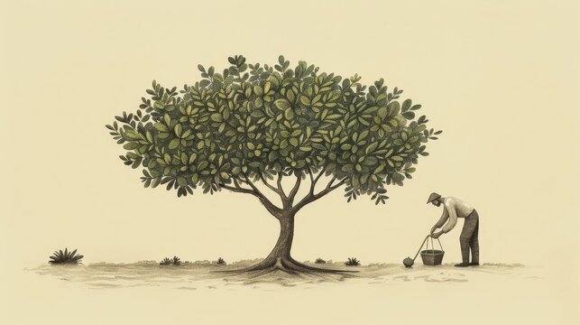 Biblical Illustration of the Parable of the Barren Fig Tree: Gardener Tending to Fig Tree, Beige Background, Copyspace