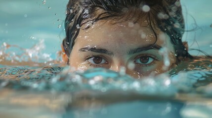 Fototapeta premium A woman swimming in a pool with her head above the water, ideal for sports and wellness themes
