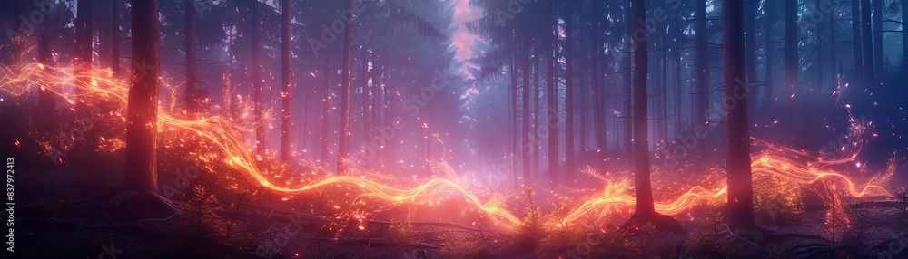 Poster a mystical forest with glowing light trails weaving through the trees, creating a magical and enchan