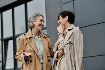 Two professional women, a mature beautiful lesbian couple, walk side by side in front of a modern building.