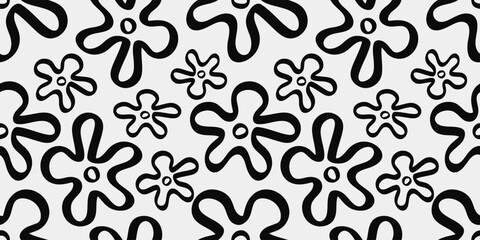 Floral hand drawn vector black and white seamless pattern, spring and summer,  random