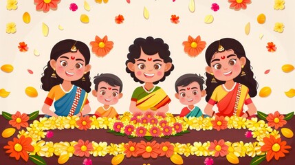 Cartoon vector family celebrating Onam with a floral carpet pookalam Generative AI