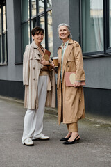 Two elegant women, a mature lesbian couple, stand side by side in front of a majestic building.