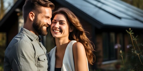 Naklejka premium Couple smiling in front of the solar panels on their house. Concept Renewable Energy, Smiling Couple, Solar Panels, Home Sustainability, Eco-Friendly Living