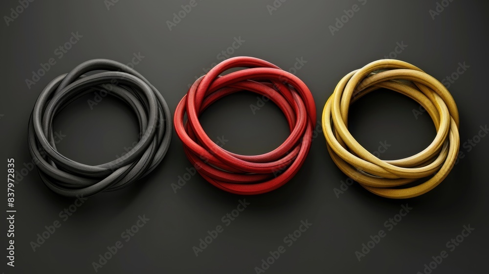 Poster close-up of three colorful rubber bands resting on a dark background, suitable for use in design or 