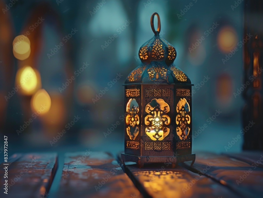 Poster a simple wooden table with a lantern placed on top, ready for use