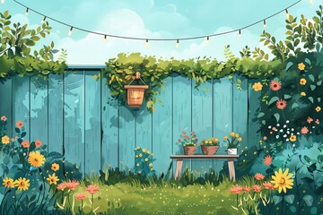 Beautiful backyard garden with vibrant flowers, a blue wooden fence, and a bench with potted plants under a sunny sky.