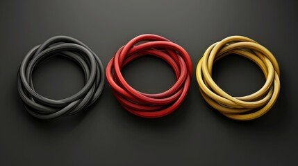 Naklejka premium Close-up of three colorful rubber bands resting on a dark background, suitable for use in design or photography projects