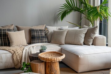 Cozy living room with modern furniture and a green potted plant, suitable for home decor or lifestyle photography