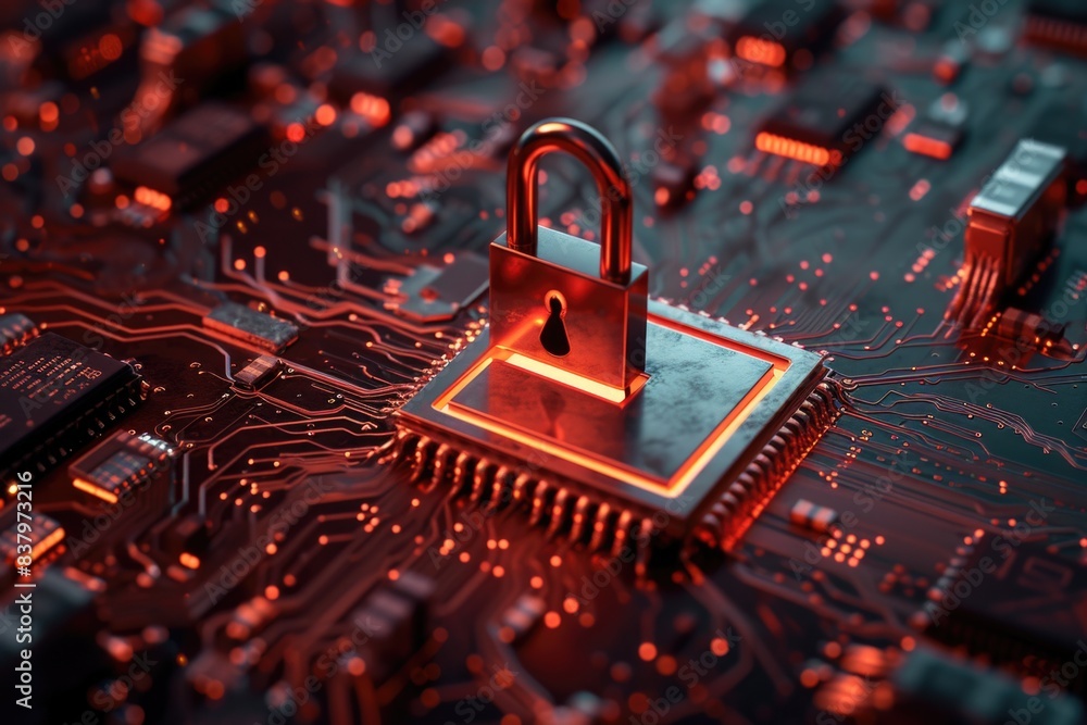Poster close-up shot of a circuit board with a padlocked component