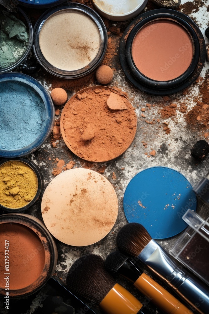 Poster a collection of colorful powders and brushes on a table, ideal for use in arts and crafts projects
