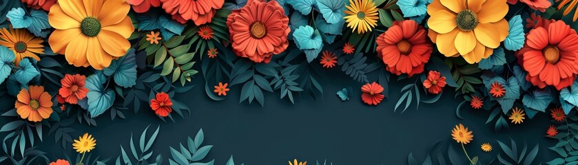 Fototapeta premium Colorful floral seamless pattern. Bright flowers on dark blue background.