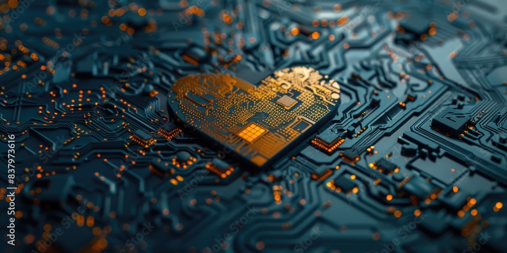 Poster a close-up view of a circuit board featuring a heart-shaped component