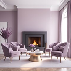 Fototapeta premium Luxury American Style Lounge Room with Mauve Chairs and Large Fireplace - Cozy Living Room Design