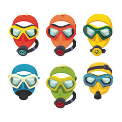 Six colorful gas masks goggles, different colors red, orange, yellow, blue, green, beige. Protective equipment safety, respiratory protection, emergency preparedness. Cartoon style gas masks used