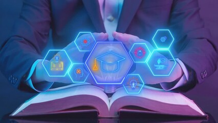 Concept of online education, webinar for personal development and professional qualifications. Digital courses to develop new skills. Glowing light bulb showing e-learning icons on virtual screen.