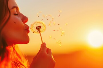 A woman blowing a dandelion in the field at sunset, with warm colors and soft focus