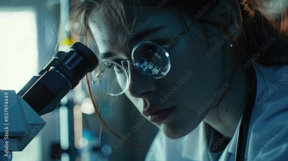 Poster a scientist studying microscopic specimens in a laboratory setting