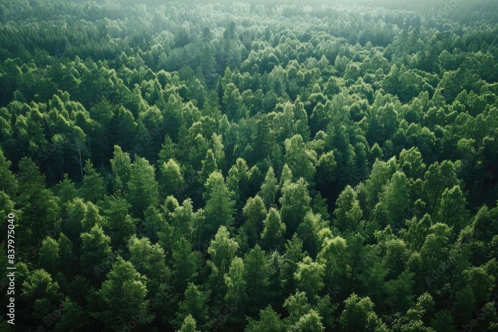 Poster an aerial view of a forest with many trees, suitable for use in environmental or nature-themed conte