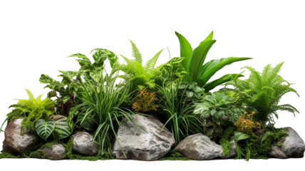 Tropics green plants gardening with nature rock isolated on transparent background.

