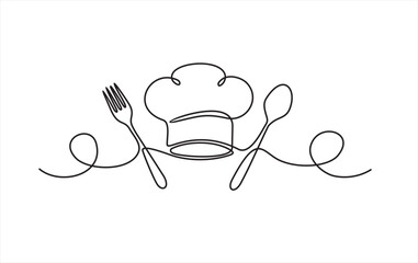 Continuous one single line drawing of fork, spoon and chef hat or cap . Menu food design. Illustration with quote template. Can used for menu restaurant sketch