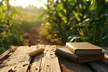 A closed book resting on a wooden table with a simple, unadorned design