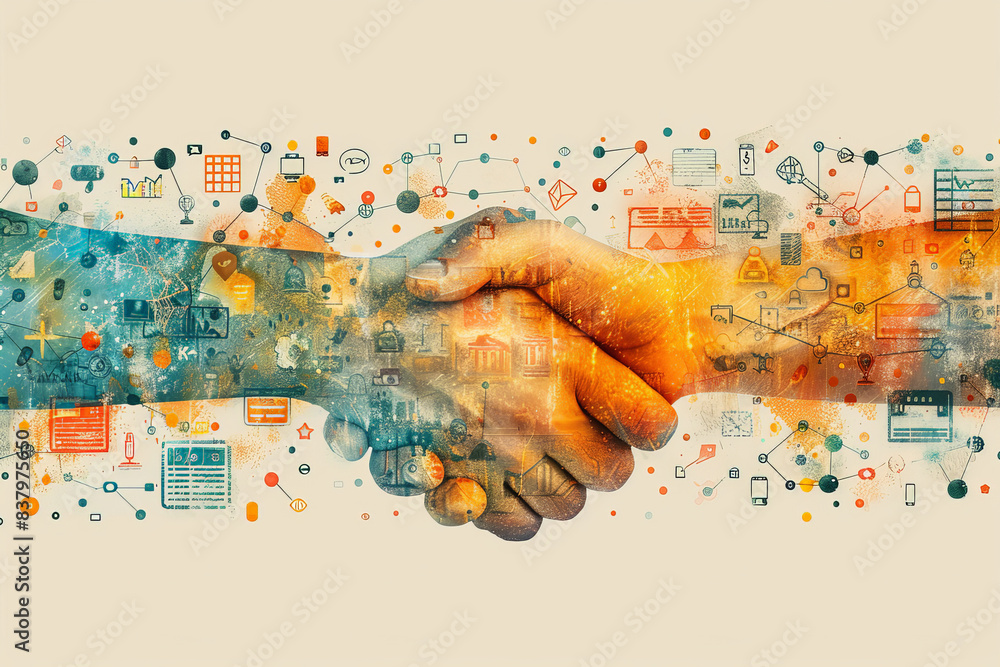 Wall mural partnership development and startup funding with design a flat design concept showing startup founde
