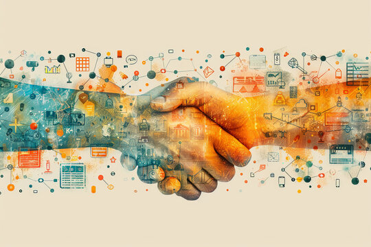 Partnership development and startup funding with Design a flat design concept showing startup founders negotiating strategic partnership deals and securing funding, with detailed handshake, contract,