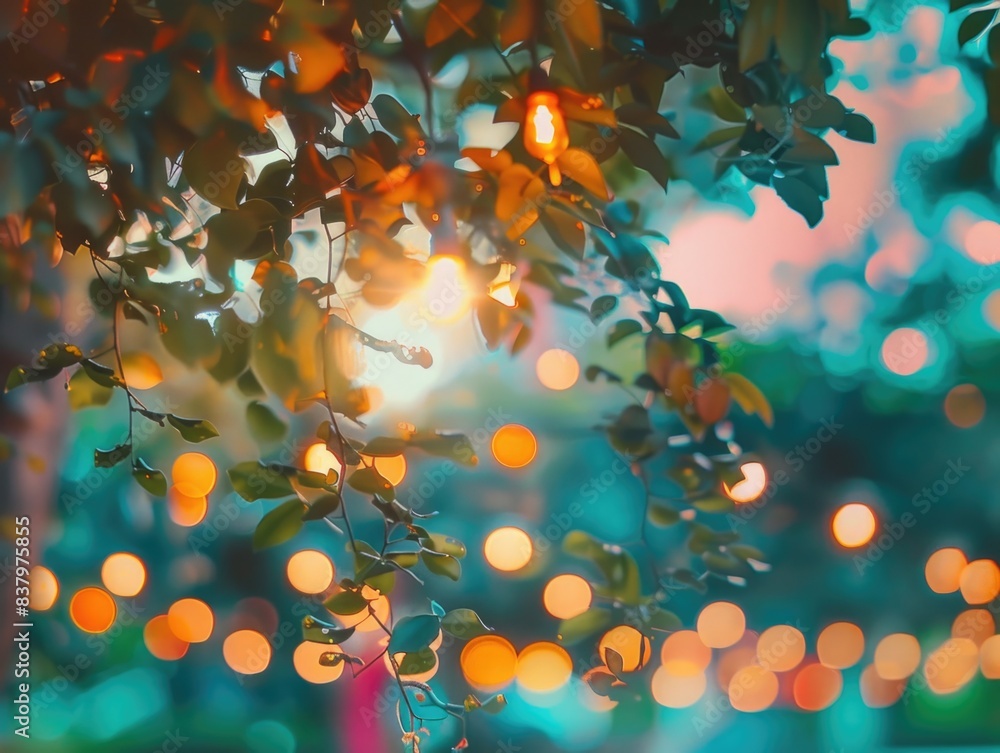 Poster a rustic setting with string lights hung on a tree branch, great for outdoor events or cozy atmosphe