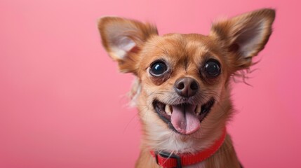 Obraz premium A small brown dog wearing a red collar sits on a pink background
