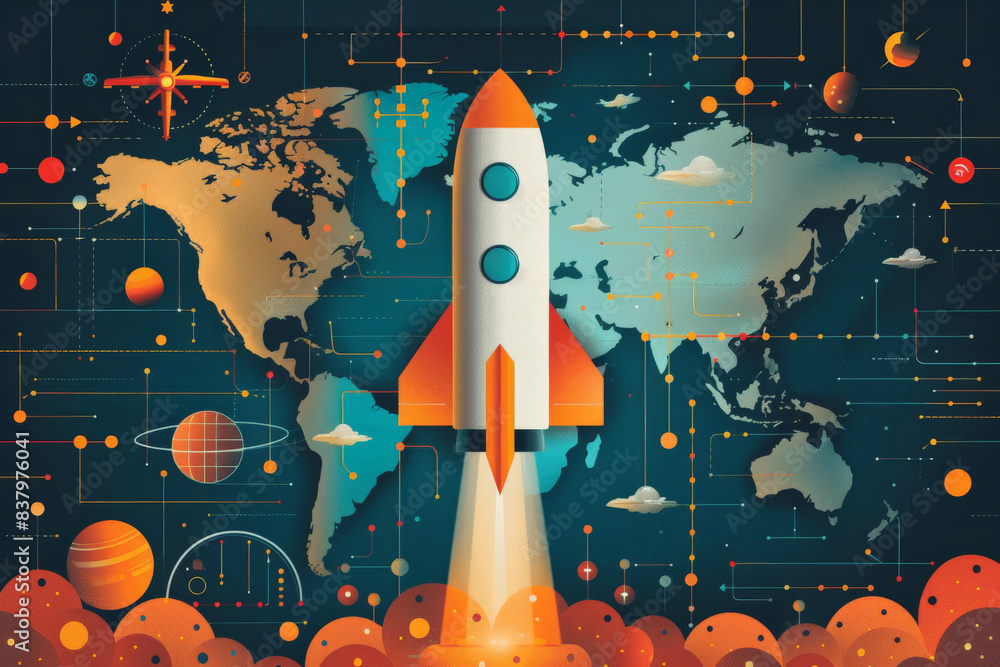 Wall mural global expansion and startup accelerator with create a flat design concept of a startup expanding gl