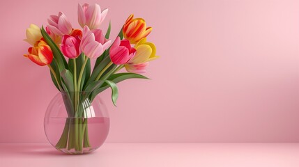 Colorful Bouquet of Tulips in a Clear Glass Vase Against Pink Background