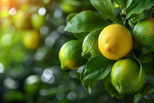 Yellow citrus lemon fruit and green leaves in garden. Citrus Limon grows on a tree branch, close up. Decorative citrus lemon house plant Meyer lemon Citrus &times; meyeri