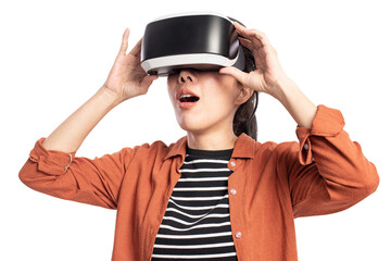 Woman png mockup experiencing VR entertainment technology