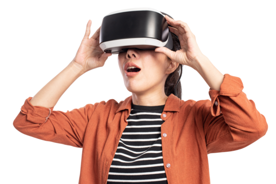 Woman png mockup experiencing VR entertainment technology