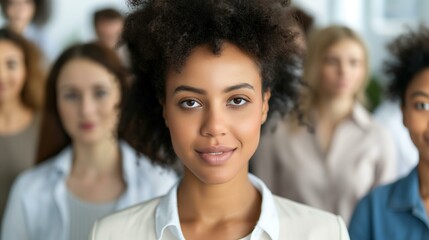 Fototapeta premium Confident Female Professional Standing Out in Diverse Group Setting