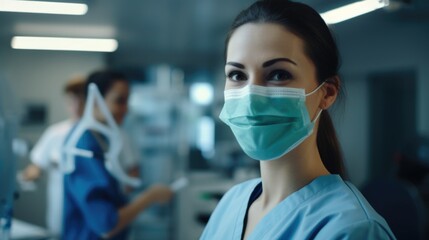 A person wearing a face mask inside a hospital, possibly during an outbreak or medical procedure