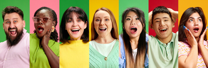 Photo collage of group of emotional young people of different races having bright surprised...