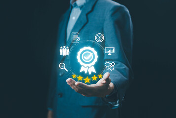 hand show icon quality. service best certification industrial, service system business certificate standard iso digital technology. guarantee process and satisfaction. concept of quality control