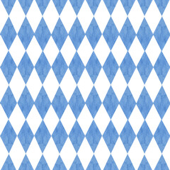 Bavarian flag watercolor background. Hand drawn blue and white diamond shapes for Oktoberfest, beer labels, brewery , flyers, poster, banners. Clipart for festive design, cultural event, beer festival