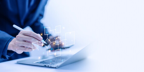 design workflow automation with flowcharts in computer laptop. diagram algorithm flow, model work...