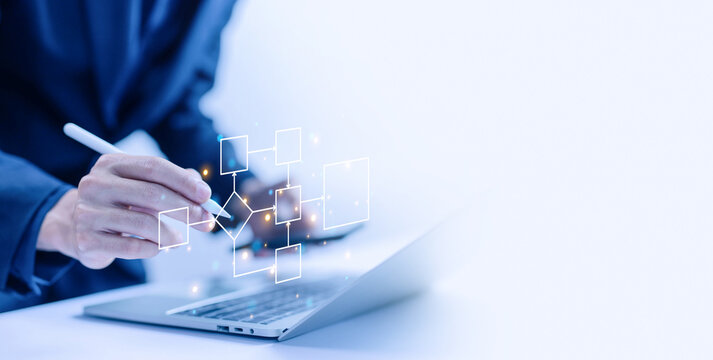design workflow automation with flowcharts in computer laptop. diagram algorithm flow, model work structure digital, hierarchy scheme. business process and data management organigram