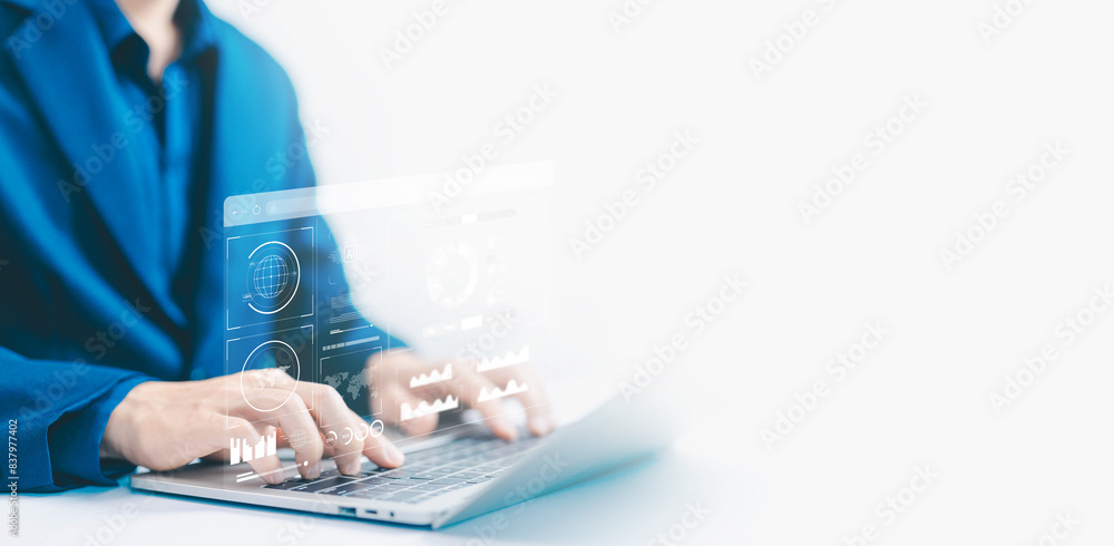 Poster analytics and reports business. concept of analysis data plans shows a dashboard chart on the computer. analyst manages the system database, research on platform digital technology