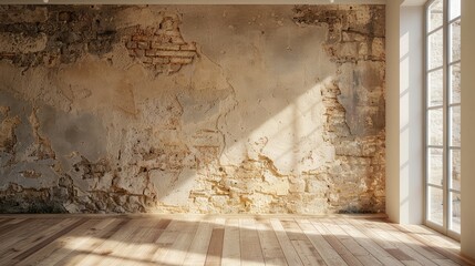 Rustic living room with an empty ancient wall under natural light