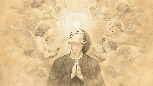 Mystical vision of Saint Gemma Galgani in deep prayer, angels and divine light, beige background, Biblical Illustration, copyspace